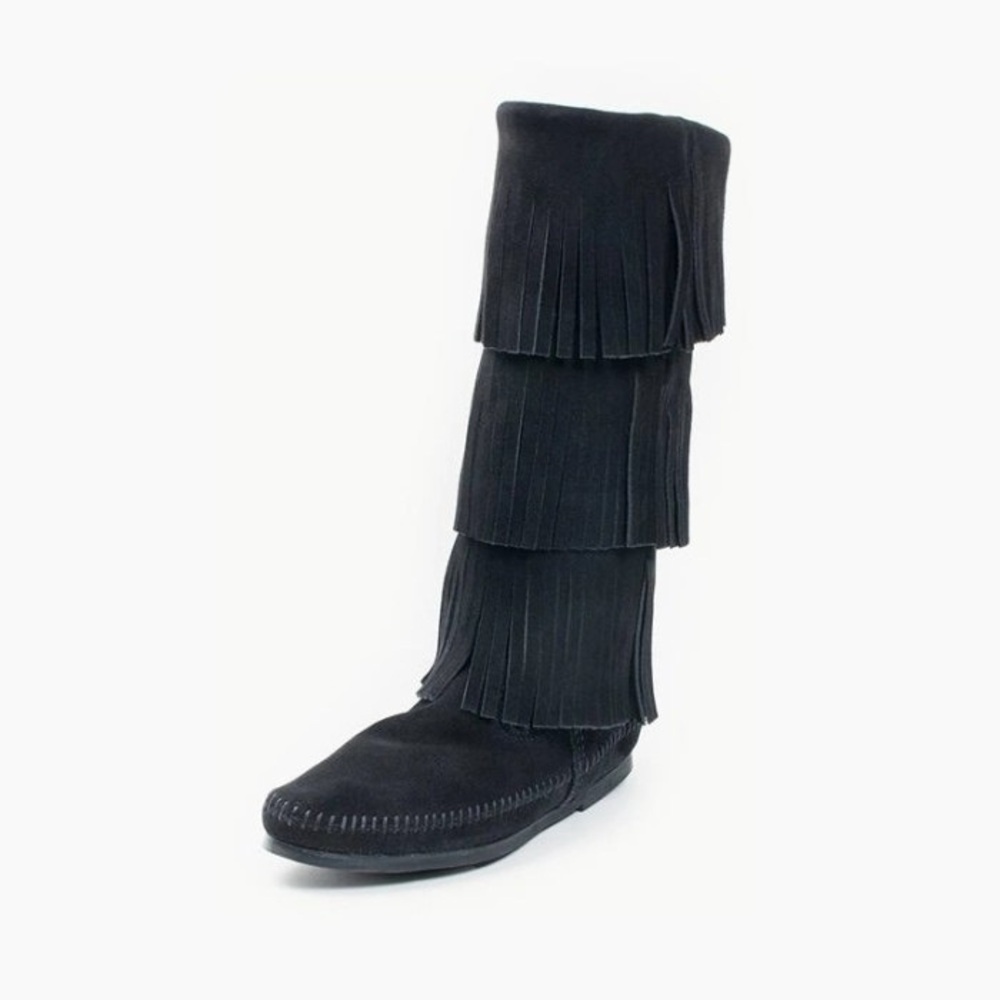 Minnetonka Moccasins 1639 Women's 3 Layer Fringe Calf High Boot Black Suede SZ 8